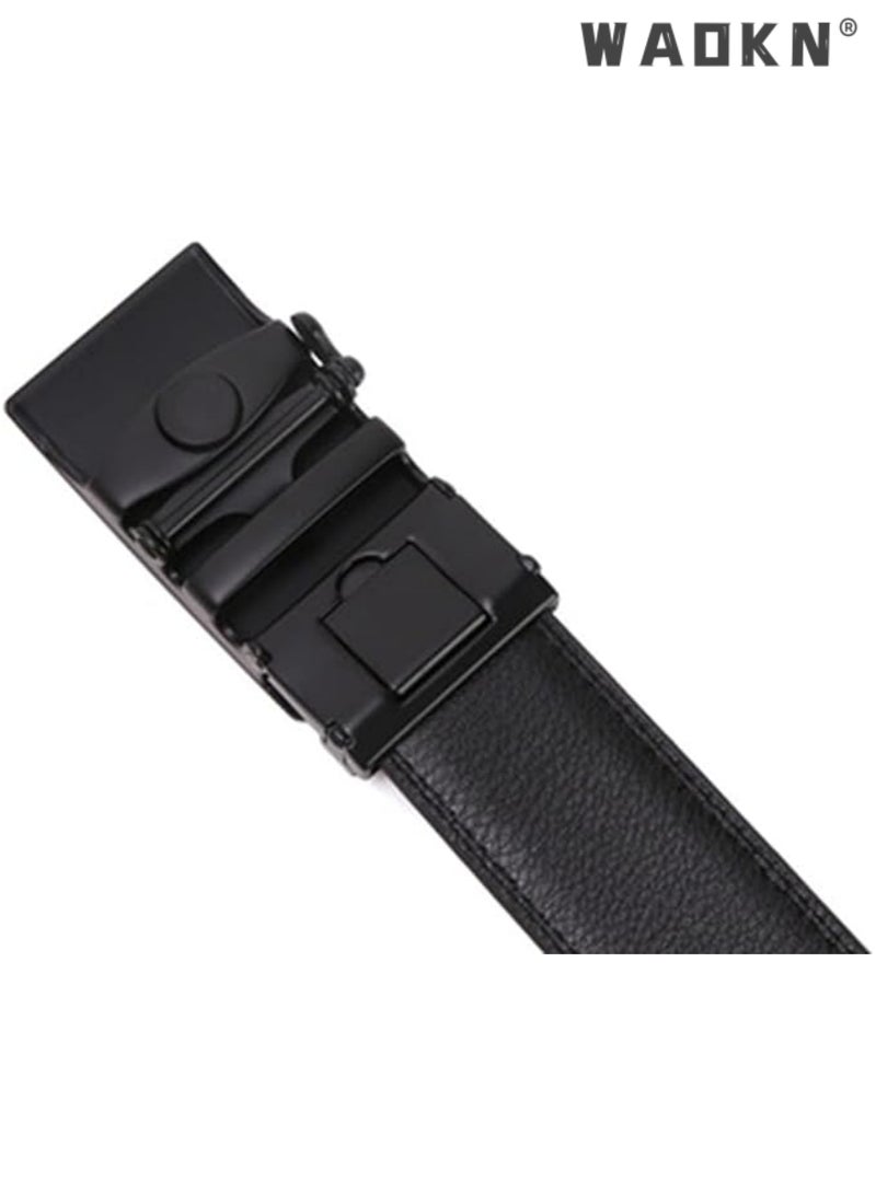 Men's Leather Ratchet Dress Belts with Automatic Buckle Leather Belt Fashion Belt Ratchet Belt Soft, Comfortable and Durable Quality Leather - Adjustable Trim to Fit- Black