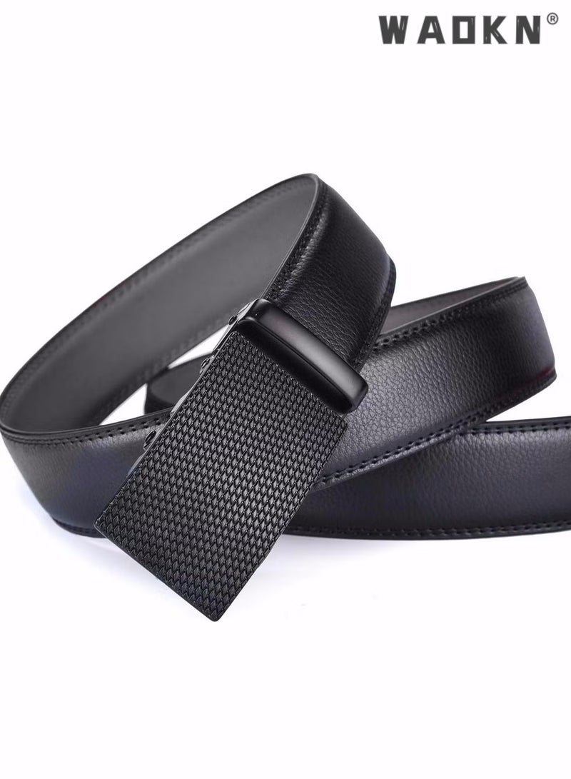 Men's Leather Ratchet Dress Belts with Automatic Buckle Leather Belt Fashion Belt Ratchet Belt Soft, Comfortable and Durable Quality Leather - Adjustable Trim to Fit- Black