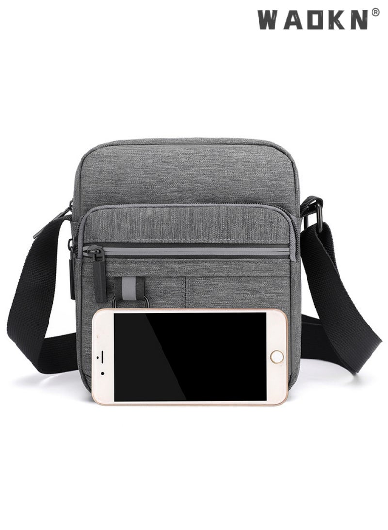 Men's Multifunctional Canvas Shoulder Bag Multi Pockets Business Messenger Bags Portable Mobile Phone Coin Sports Over Crossbody for Travel School Office Grey