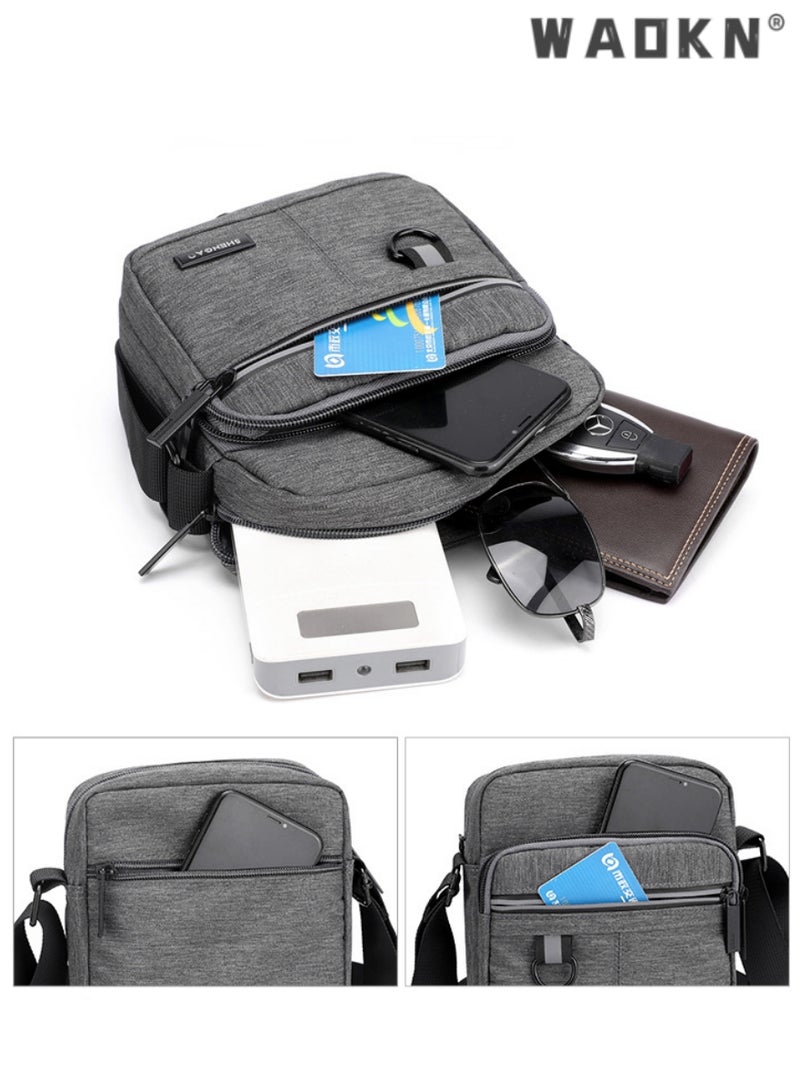 Men's Multifunctional Canvas Shoulder Bag Multi Pockets Business Messenger Bags Portable Mobile Phone Coin Sports Over Crossbody for Travel School Office Grey