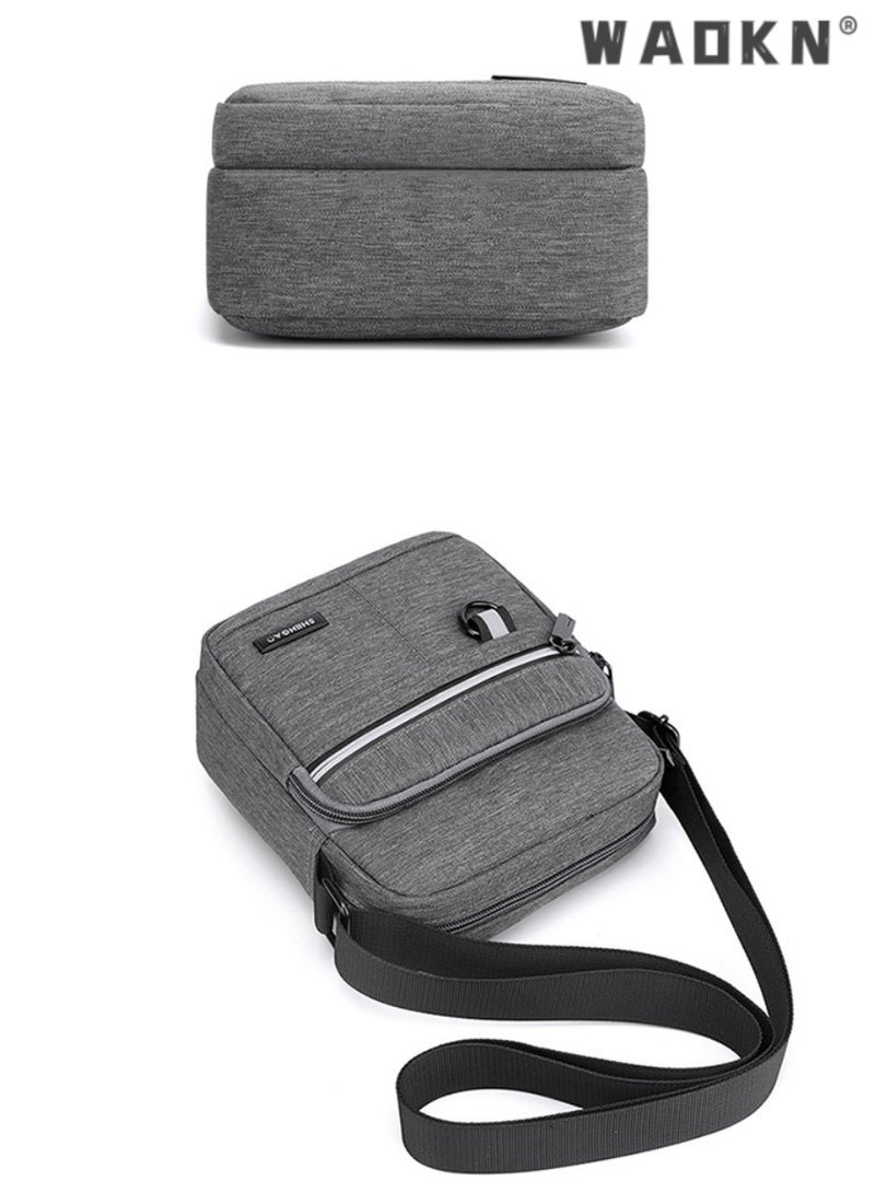 Men's Multifunctional Canvas Shoulder Bag Multi Pockets Business Messenger Bags Portable Mobile Phone Coin Sports Over Crossbody for Travel School Office Grey