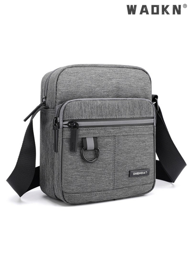 Men's Multifunctional Canvas Shoulder Bag Multi Pockets Business Messenger Bags Portable Mobile Phone Coin Sports Over Crossbody for Travel School Office Grey