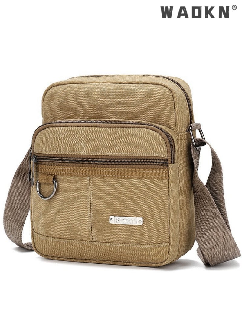 Men's Multifunctional Canvas Shoulder Bag Multi Pockets Business Messenger Bags Portable Mobile Phone Coin Sports Over Crossbody for Travel School Office