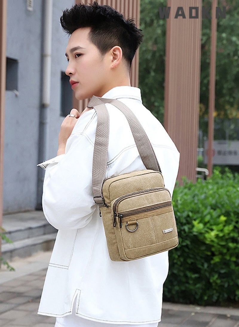 Men's Multifunctional Canvas Shoulder Bag Multi Pockets Business Messenger Bags Portable Mobile Phone Coin Sports Over Crossbody for Travel School Office