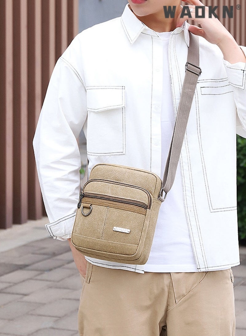 Men's Multifunctional Canvas Shoulder Bag Multi Pockets Business Messenger Bags Portable Mobile Phone Coin Sports Over Crossbody for Travel School Office