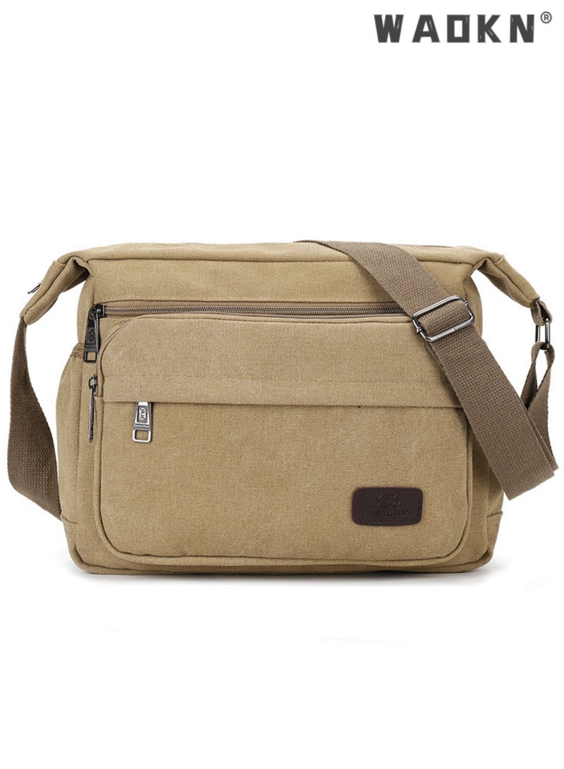 Men's Multifunctional Canvas Shoulder Bag Multi Pockets Business Messenger Bags Portable Mobile Phone Coin Sports Over Crossbody for Travel School Office Vintage Crossbody Shoulder Bag