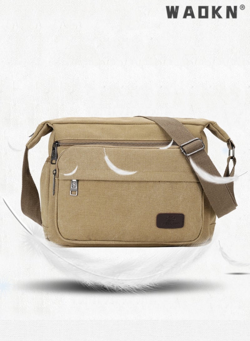 Men's Multifunctional Canvas Shoulder Bag Multi Pockets Business Messenger Bags Portable Mobile Phone Coin Sports Over Crossbody for Travel School Office Vintage Crossbody Shoulder Bag