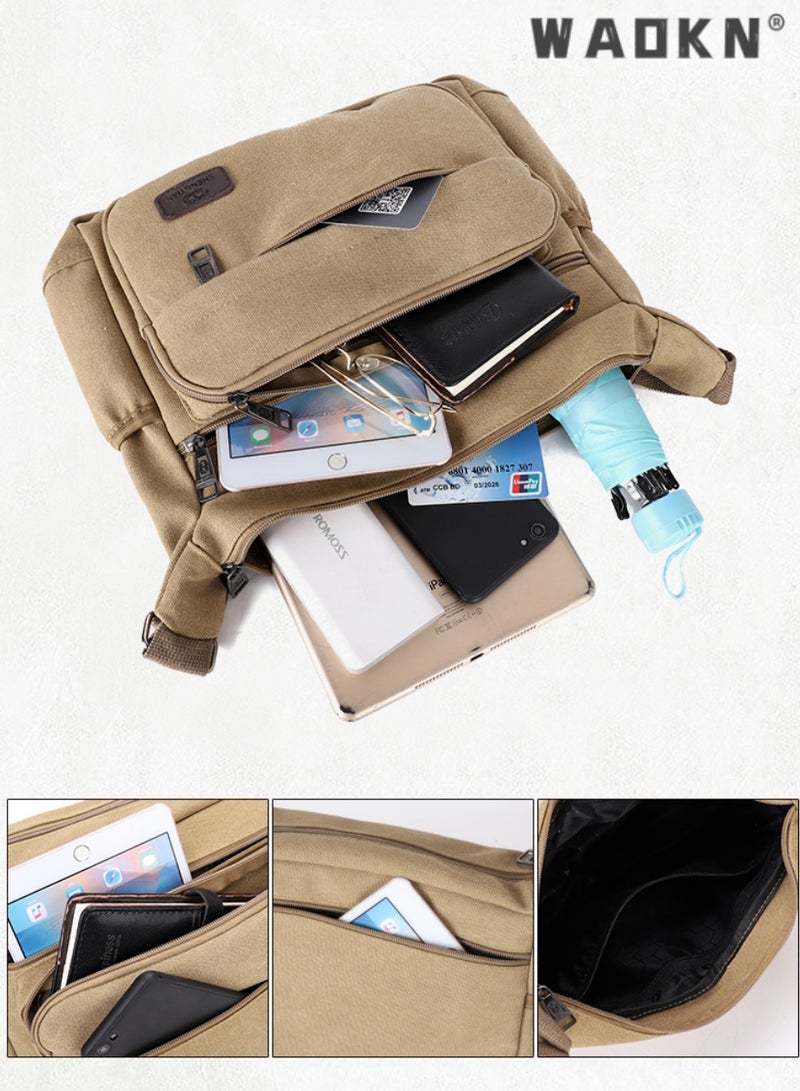 Men's Multifunctional Canvas Shoulder Bag Multi Pockets Business Messenger Bags Portable Mobile Phone Coin Sports Over Crossbody for Travel School Office Vintage Crossbody Shoulder Bag