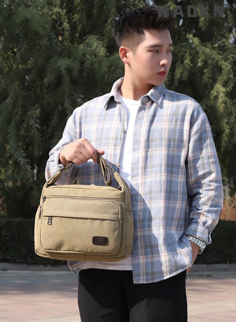 Men's Multifunctional Canvas Shoulder Bag Multi Pockets Business Messenger Bags Portable Mobile Phone Coin Sports Over Crossbody for Travel School Office Vintage Crossbody Shoulder Bag