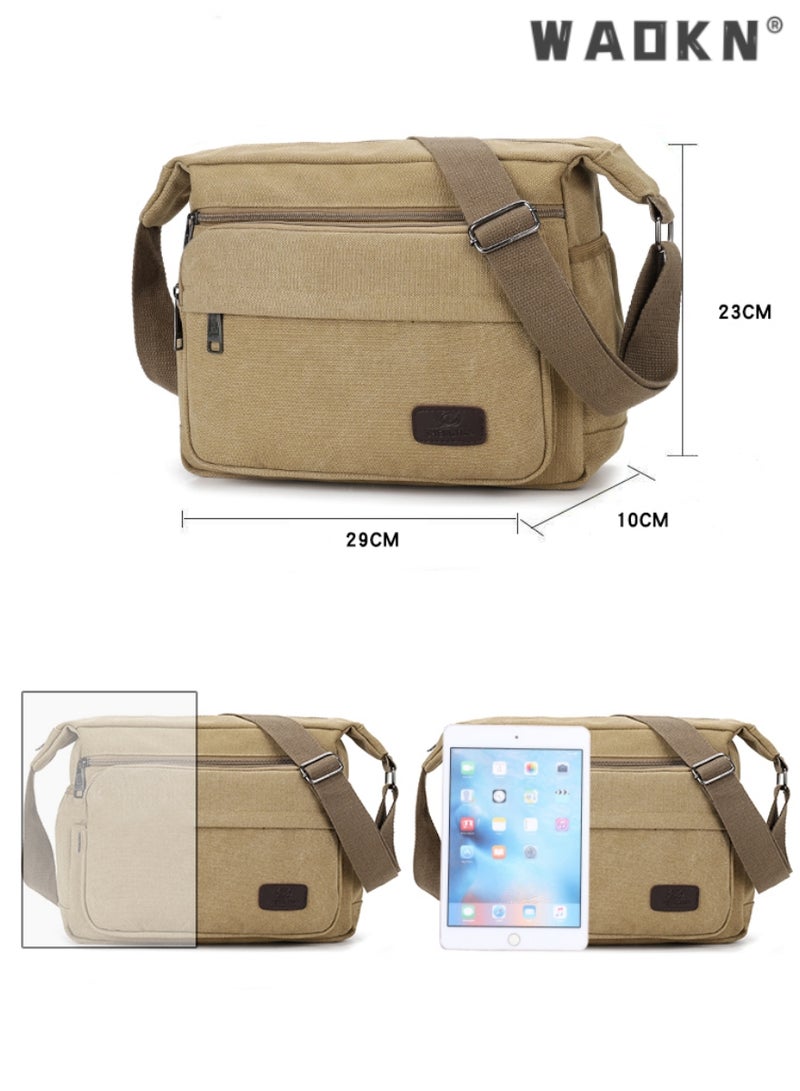 Men's Multifunctional Canvas Shoulder Bag Multi Pockets Business Messenger Bags Portable Mobile Phone Coin Sports Over Crossbody for Travel School Office Vintage Crossbody Shoulder Bag