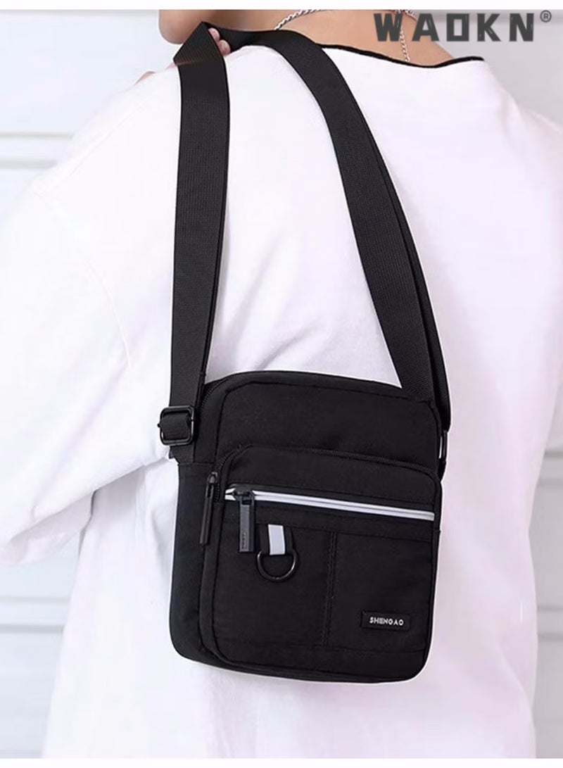 Men's Multifunctional Canvas Shoulder Bag Multi Pockets Business Messenger Bags Portable Mobile Phone Coin Sports Over Crossbody for Travel School Office Black