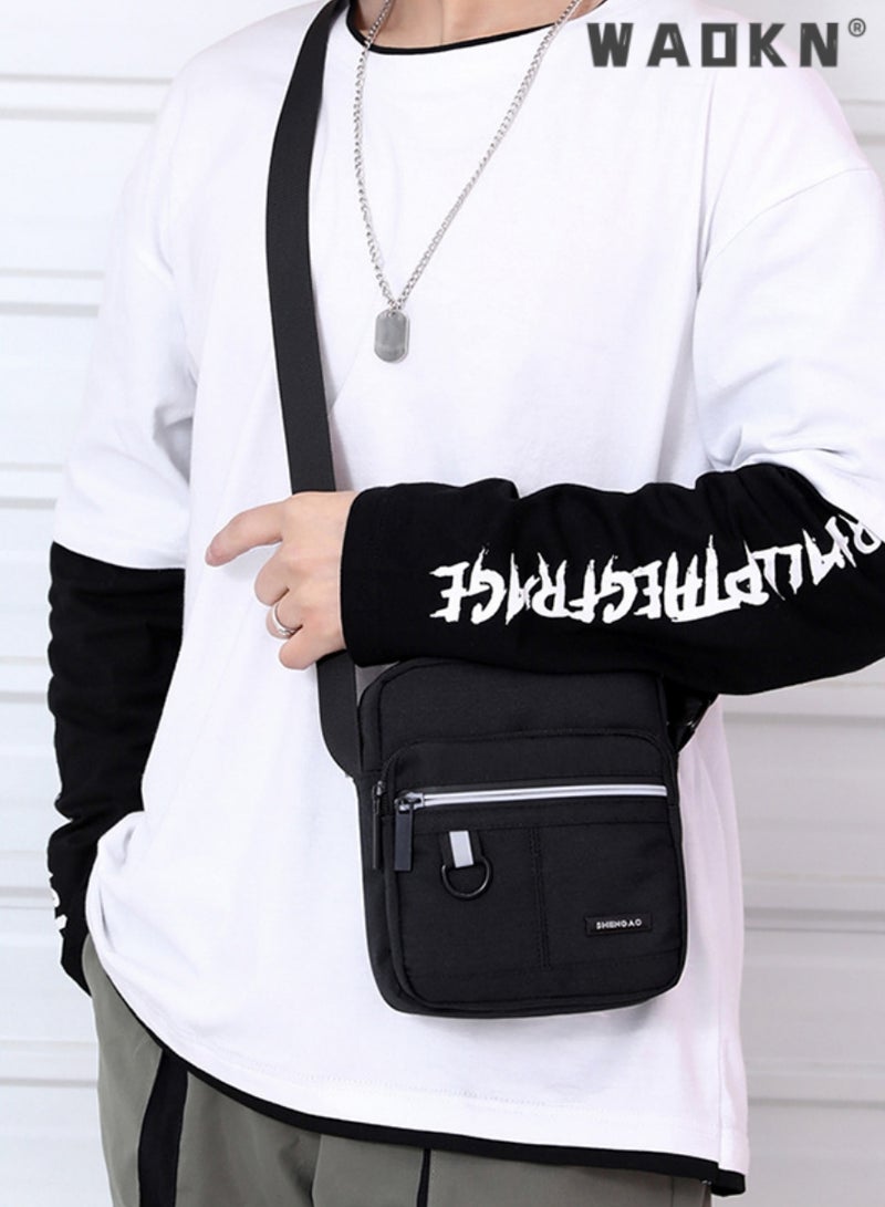 Men's Multifunctional Canvas Shoulder Bag Multi Pockets Business Messenger Bags Portable Mobile Phone Coin Sports Over Crossbody for Travel School Office Black