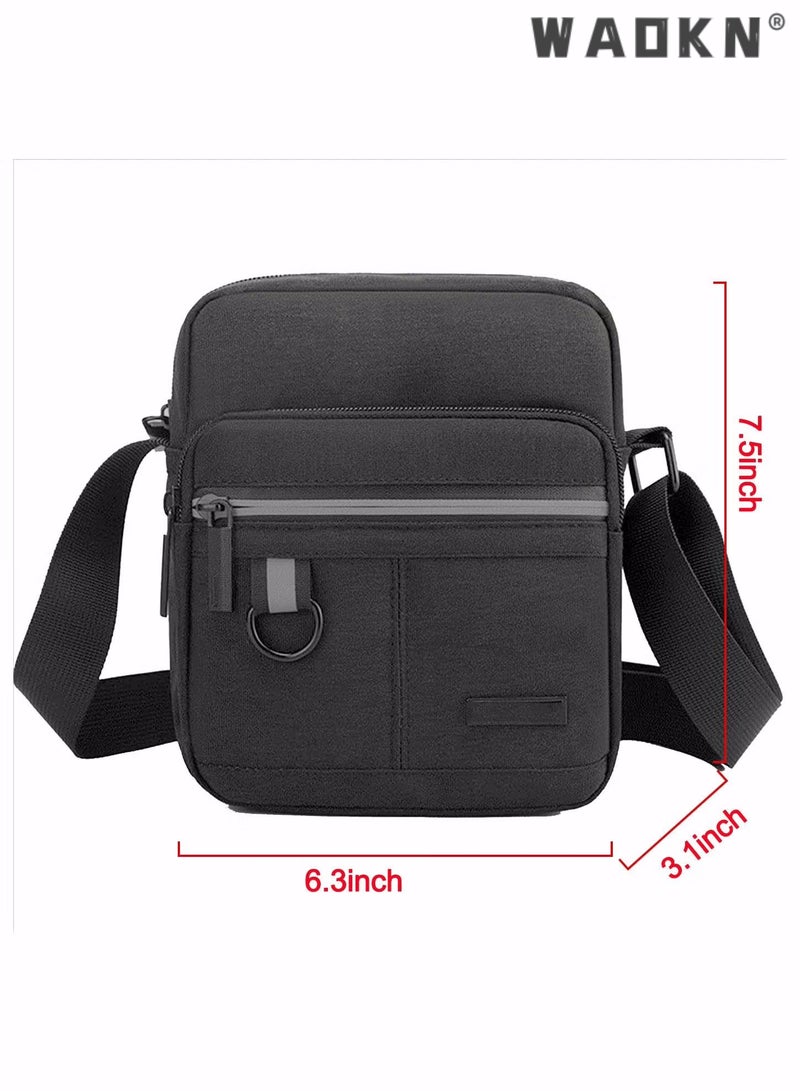 Men's Multifunctional Canvas Shoulder Bag Multi Pockets Business Messenger Bags Portable Mobile Phone Coin Sports Over Crossbody for Travel School Office Black