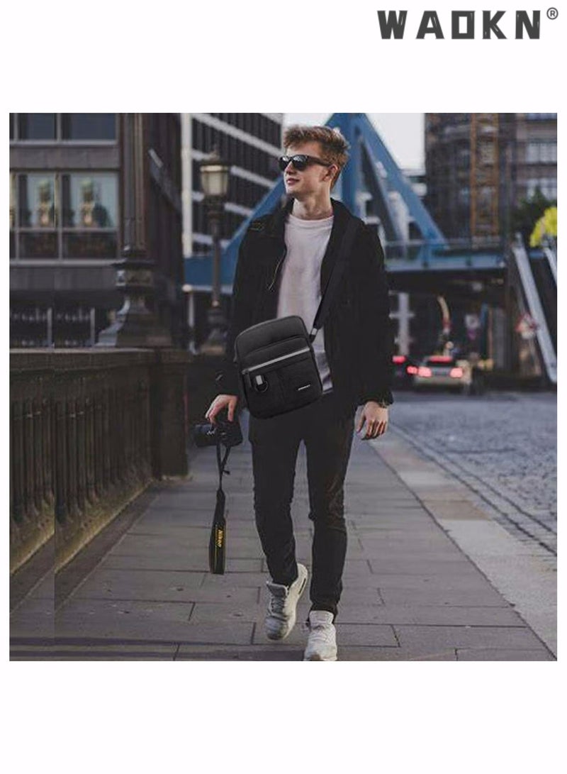 Men's Multifunctional Canvas Shoulder Bag Multi Pockets Business Messenger Bags Portable Mobile Phone Coin Sports Over Crossbody for Travel School Office Black