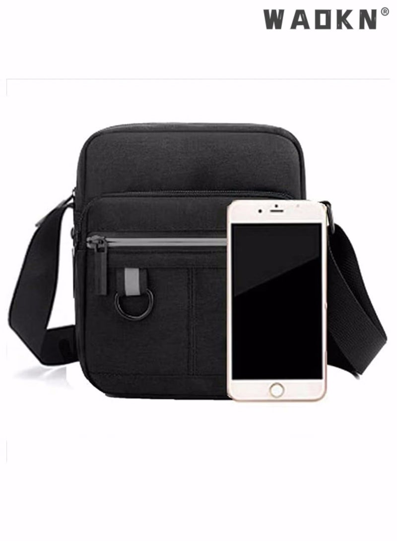 Men's Multifunctional Canvas Shoulder Bag Multi Pockets Business Messenger Bags Portable Mobile Phone Coin Sports Over Crossbody for Travel School Office Black