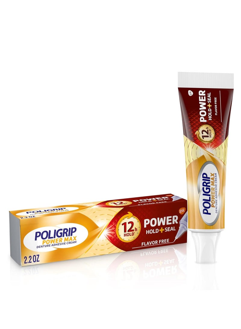 Poligrip Power Max Power Hold plus Seal Denture Adhesive Cream, Denture Cream for Secure Hold and Food Seal, Flavor Free - 2.2 oz