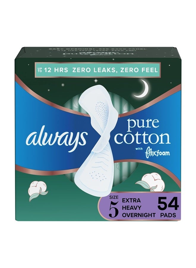 Pure Cotton, Feminine Pads For Women, Size 5 Extra Heavy Overnight Absorbency, Multipack, With Flexfoam, With Wings, Unscented, 18 Count x 3 Packs (54 Count total)