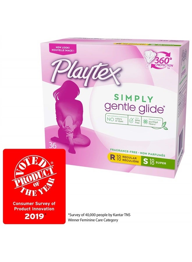 Playtex Simply Gentle Glide Tampons, Multipack (18ct Regular/18ct Super Absorbency), Fragrance-Free - 36ct