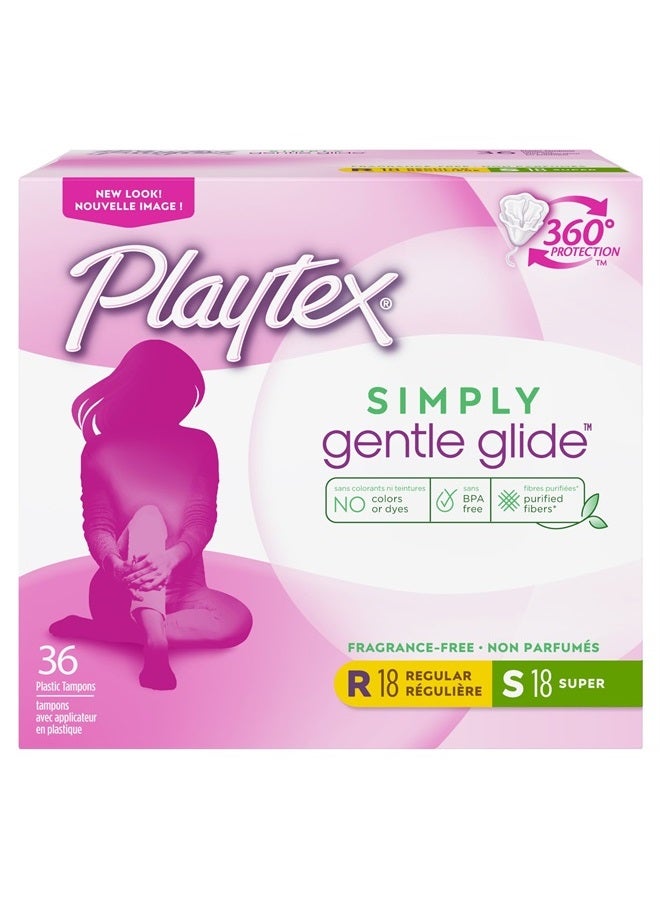 Playtex Simply Gentle Glide Tampons, Multipack (18ct Regular/18ct Super Absorbency), Fragrance-Free - 36ct