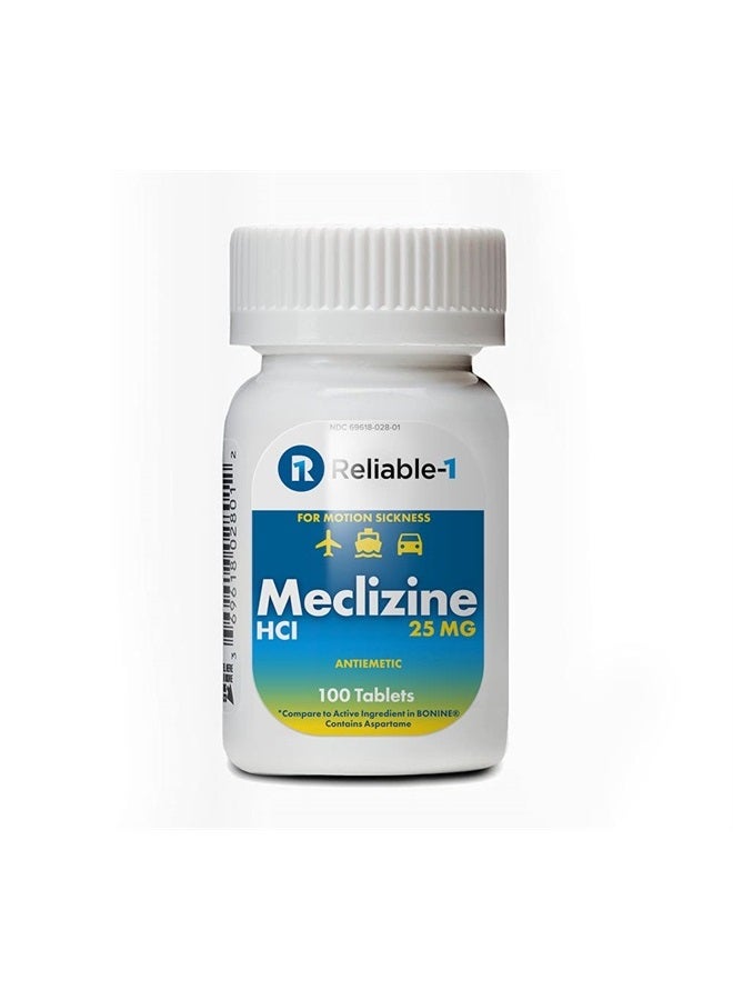 RELIABLE 1 LABORATORIES Meclizine 25 mg Generic Bonine Motion Sickness (100 Chewable Tablets, 1 Bottle) - Prevent nausea, vomiting, and dizziness caused by motion sickness