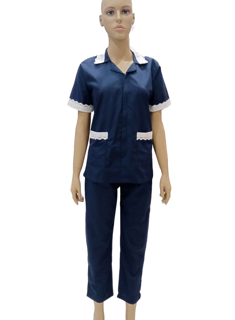 Maid Uniform with Zipper Top and Pants Navy Blue Domestic Helper Uniform