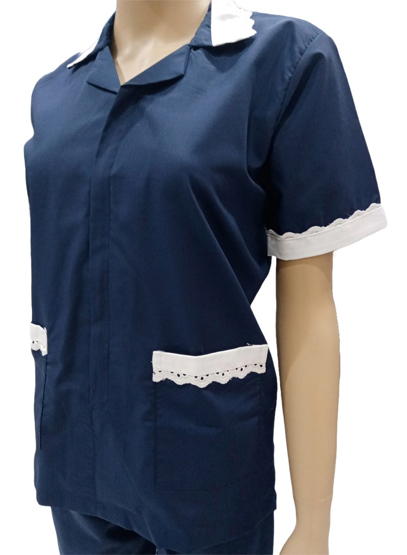 Maid Uniform with Zipper Top and Pants Navy Blue Domestic Helper Uniform