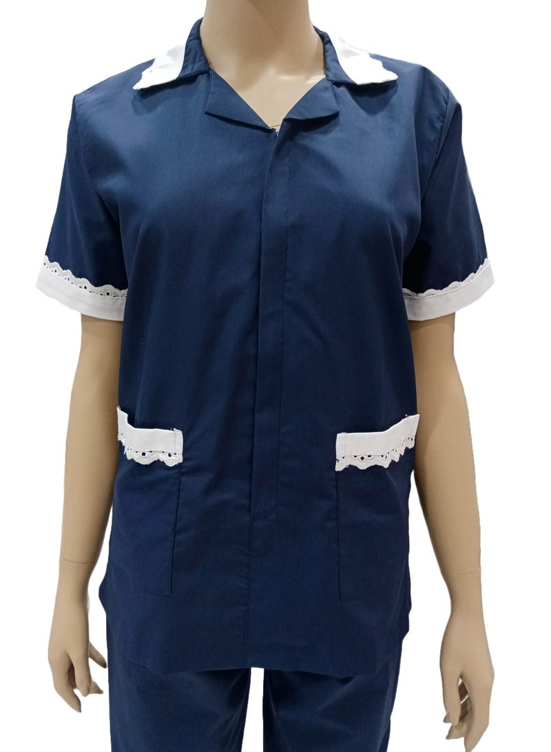 Maid Uniform with Zipper Top and Pants Navy Blue Domestic Helper Uniform