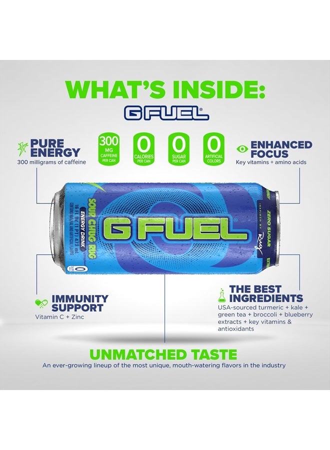 Chug Rug Energy Drink, Sugar Free, Healthy Drinks, Zero Calorie, 300 mg Caffeine per Carbonated Can, Sour Blue Flavor, Focus Amino, Vitamin + Antioxidants Blend - 12 Pack