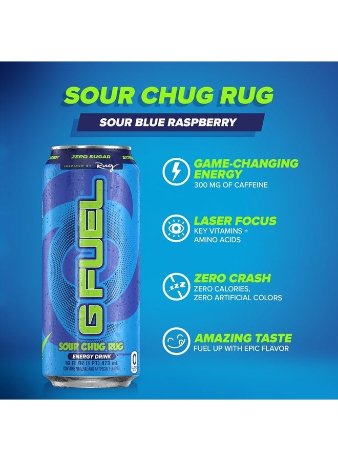 Chug Rug Energy Drink, Sugar Free, Healthy Drinks, Zero Calorie, 300 mg Caffeine per Carbonated Can, Sour Blue Flavor, Focus Amino, Vitamin + Antioxidants Blend - 12 Pack