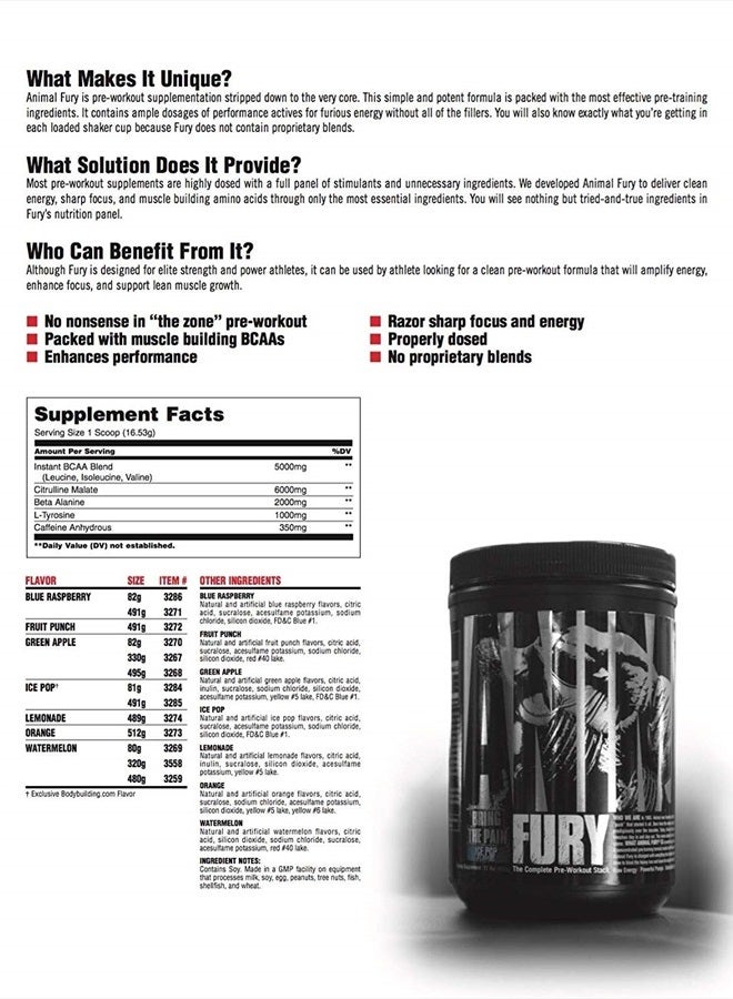 Fury - Pre Workout Powder Supplement for Energy and Focus - 5g BCAA, 350mg Caffeine, Nitric Oxide, Without Creatine - Powerful Stimulant for Bodybuilders - Ice Pop, 30 count