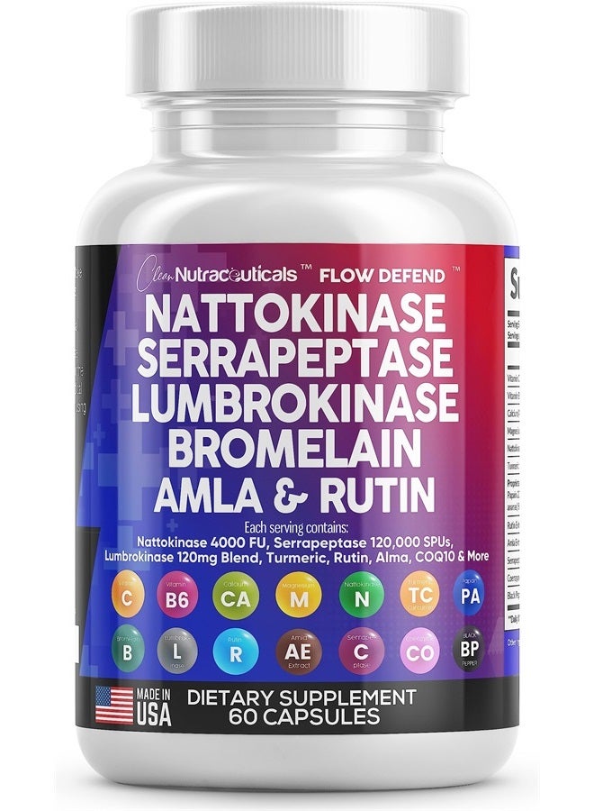 Nattokinase 4000 FU Serrapeptase 120000 SPU Lumbrokinase Enzyme Supplement with Bromelain Papain Papaya Enzymes Rutin Extract Amla Magnesium Vitamin B6 & VIT C Capsules