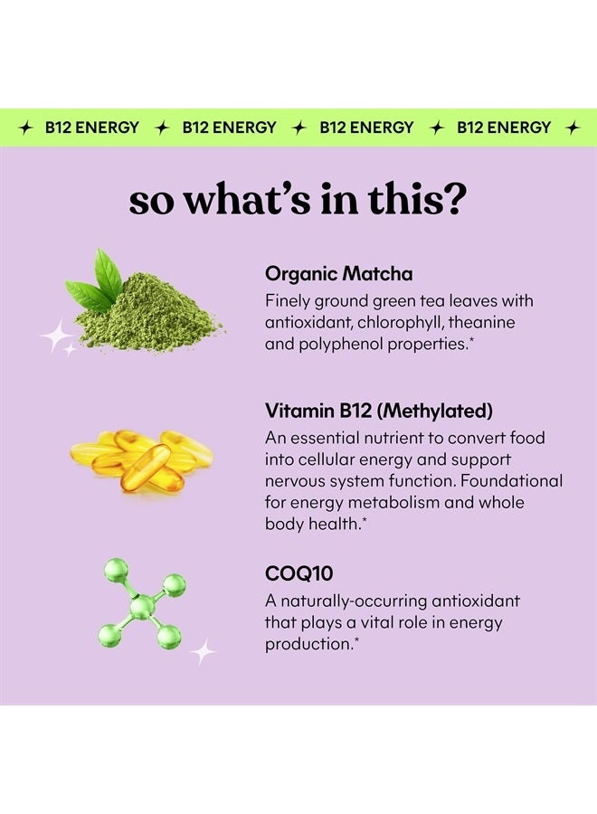 Matcha Superfood Energy Gummies with Organic Matcha Green Tea, Vitamin B12 and Antioxidant CoQ10 to Support Cellular Energy, Metabolism & Healthy Skin - Vegan, Gluten Free, Non GMO (60 Count)