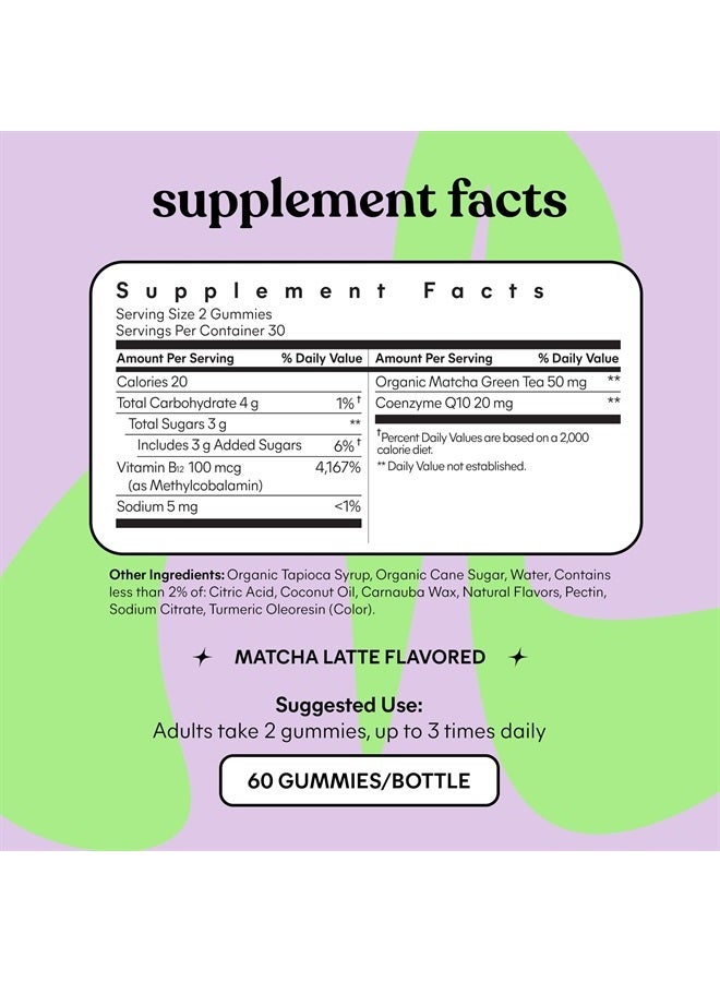 Matcha Superfood Energy Gummies with Organic Matcha Green Tea, Vitamin B12 and Antioxidant CoQ10 to Support Cellular Energy, Metabolism & Healthy Skin - Vegan, Gluten Free, Non GMO (60 Count)