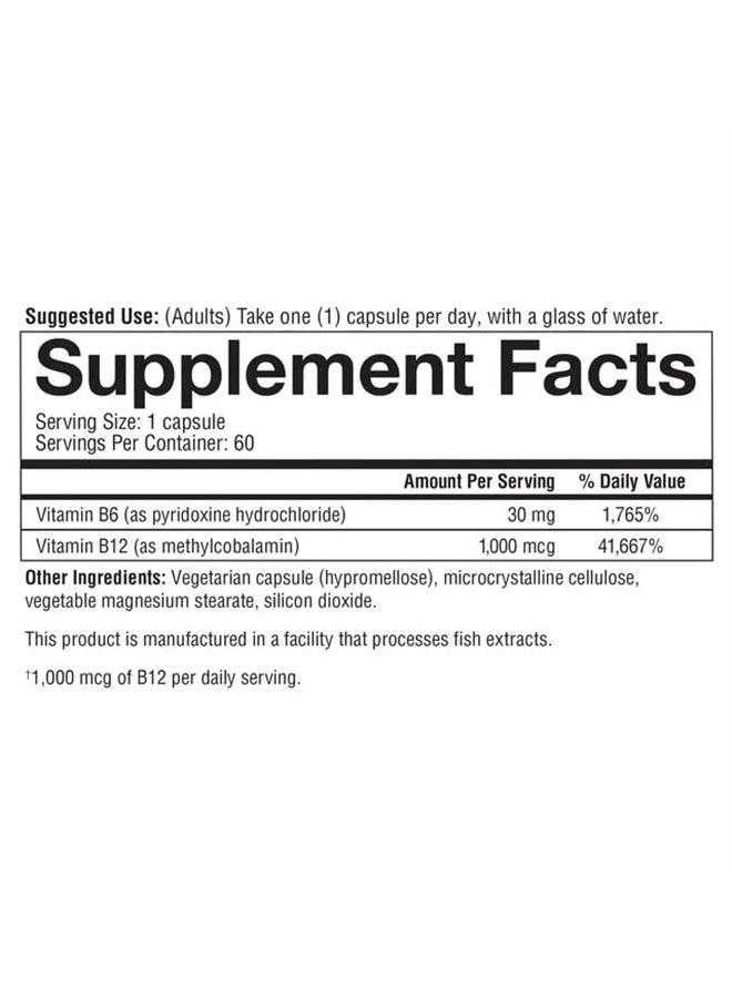 Vitamin B12 B6, Daily Energy and Brain Support Supplement, Vegetarian Capsules, 60 ct