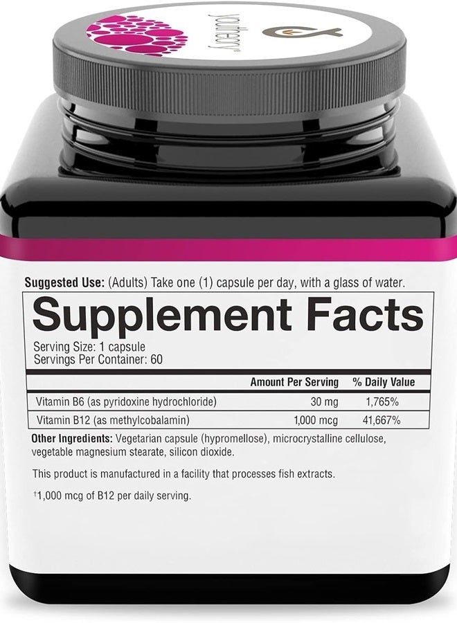 Vitamin B12 B6, Daily Energy and Brain Support Supplement, Vegetarian Capsules, 60 ct