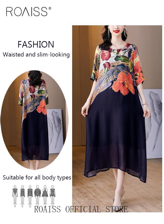 Women Light Floral Dress Women Korean Elegant Loose Waist Dress Summer Vintage Ladies Loose Summer Dress Lapel V Neck Short Sleeve A Line Hemline Contrasting Causal Maxi Dresses