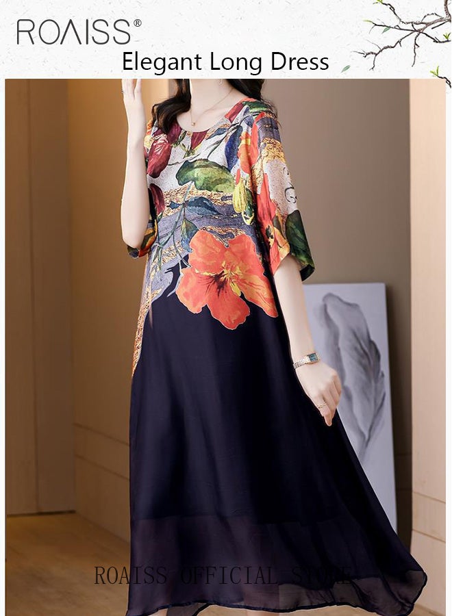 Women Light Floral Dress Women Korean Elegant Loose Waist Dress Summer Vintage Ladies Loose Summer Dress Lapel V Neck Short Sleeve A Line Hemline Contrasting Causal Maxi Dresses