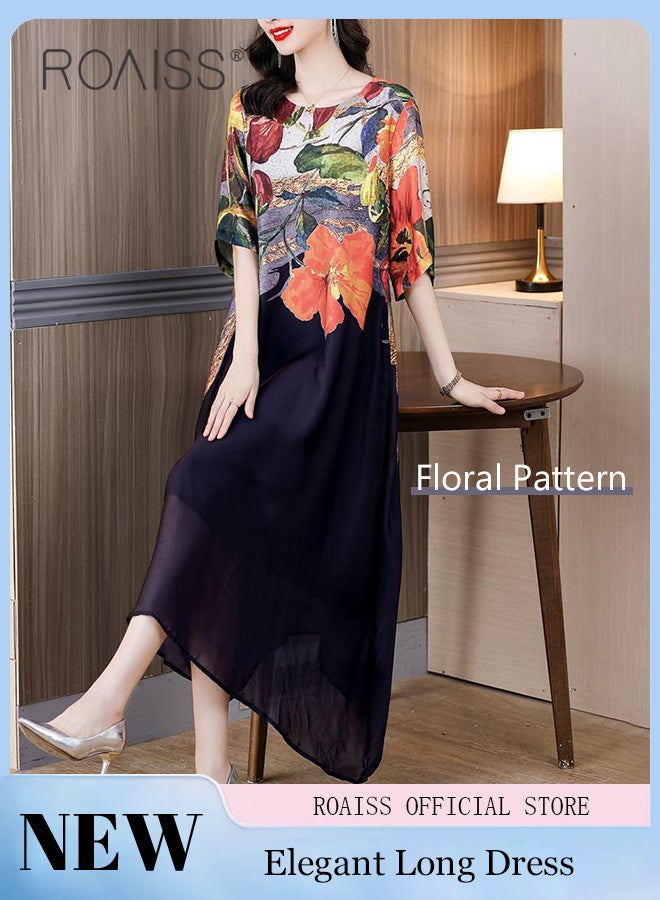 Women Light Floral Dress Women Korean Elegant Loose Waist Dress Summer Vintage Ladies Loose Summer Dress Lapel V Neck Short Sleeve A Line Hemline Contrasting Causal Maxi Dresses