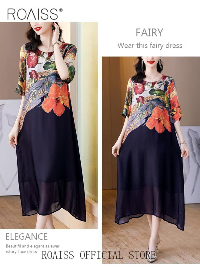 Women Light Floral Dress Women Korean Elegant Loose Waist Dress Summer Vintage Ladies Loose Summer Dress Lapel V Neck Short Sleeve A Line Hemline Contrasting Causal Maxi Dresses