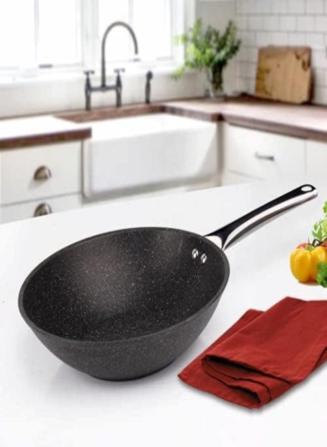 Falez Non Stick Granite Wok Fry Pan, 28 Cm Diameter, Black