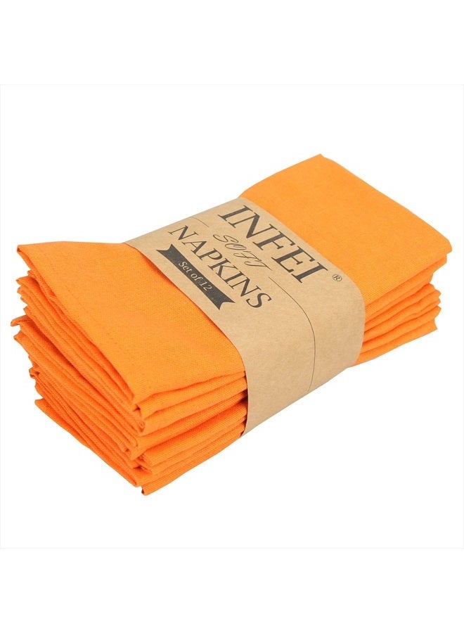 Solid Color Cotton Linen Blended Thin Dinner Fabric Napkins - Set of 12 (40 x 40 cm) - for Events & Home Use (Orange)