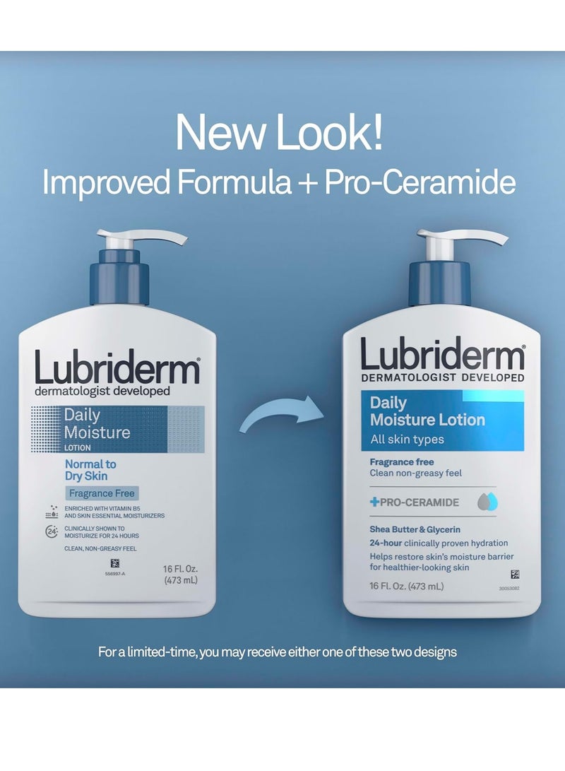 Lubriderm Fragrance Free Daily Moisture Lotion + Pro-Ceramide, Shea Butter & Glycerin, Face, Hand & Body Lotion for Sensitive Skin, Hydrating Lotion for Healthier-Looking Skin, 16 fl. Oz