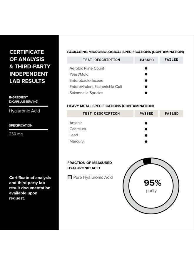 Ultra High Purity Hyaluronic Acid Supplements - 95%+ Highly Purified and Bioavailable - 275mg Formula - Non-GMO Fermentation - Hyaluronic Acid with Vitamin C - 360 Veggie Caps