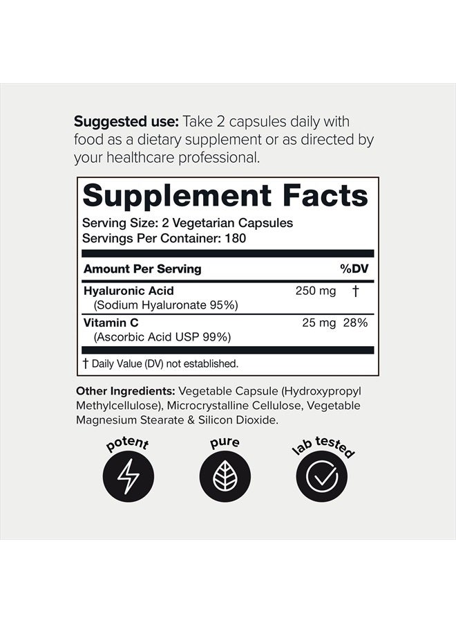 Ultra High Purity Hyaluronic Acid Supplements - 95%+ Highly Purified and Bioavailable - 275mg Formula - Non-GMO Fermentation - Hyaluronic Acid with Vitamin C - 360 Veggie Caps