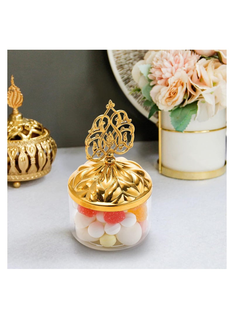 Mini Plastic Candy Cupcake Containers, 12 Pcs Clear Favor Boxes with Gold Dome Lids, Round Cake Stand Dessert Display Plate for Birthday Wedding Holiday Party Supplies