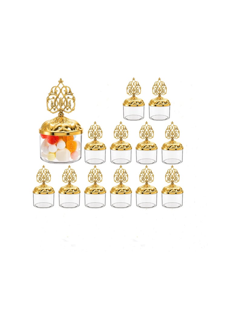 Mini Plastic Candy Cupcake Containers, 12 Pcs Clear Favor Boxes with Gold Dome Lids, Round Cake Stand Dessert Display Plate for Birthday Wedding Holiday Party Supplies