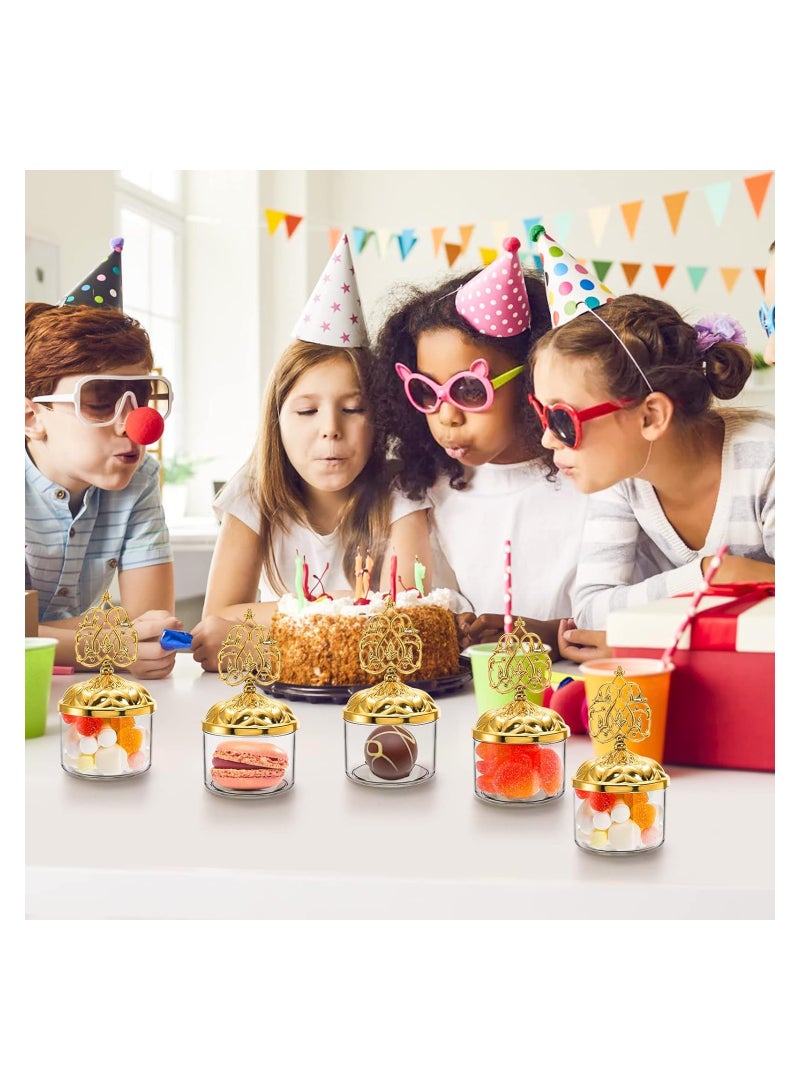Mini Plastic Candy Cupcake Containers, 12 Pcs Clear Favor Boxes with Gold Dome Lids, Round Cake Stand Dessert Display Plate for Birthday Wedding Holiday Party Supplies