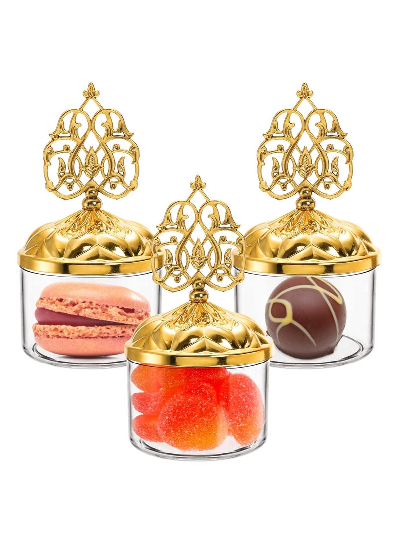 Mini Plastic Candy Cupcake Containers, 12 Pcs Clear Favor Boxes with Gold Dome Lids, Round Cake Stand Dessert Display Plate for Birthday Wedding Holiday Party Supplies