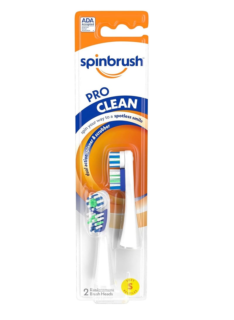 Spinbrush Pro Clean Replacement Heads, Soft Bristles, For Battery Toothbrush, 2-Pack