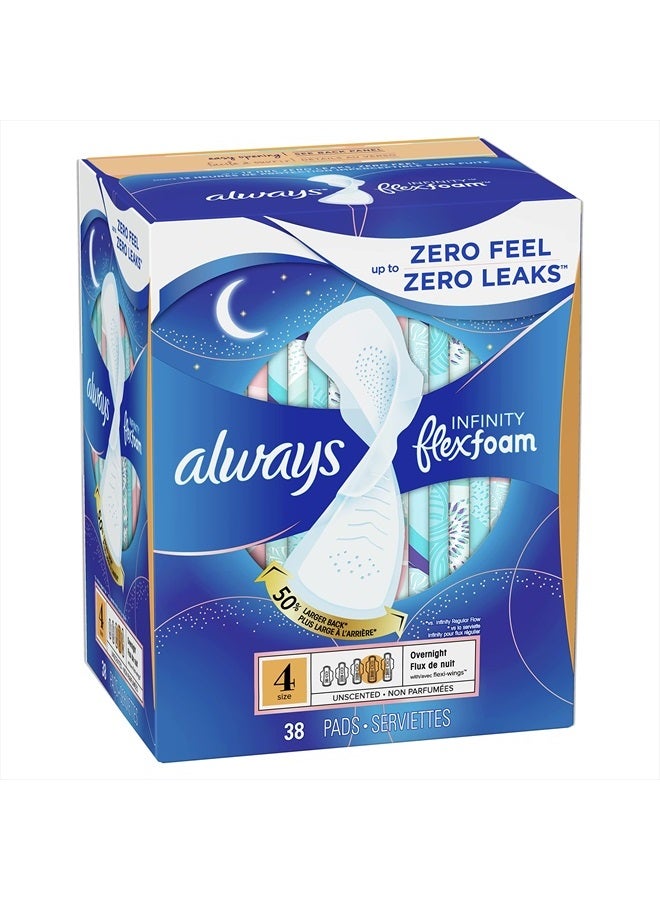 Infinity Feminine Pads for Women, Size 4 Overnight, with wings, unscented, 38 Count